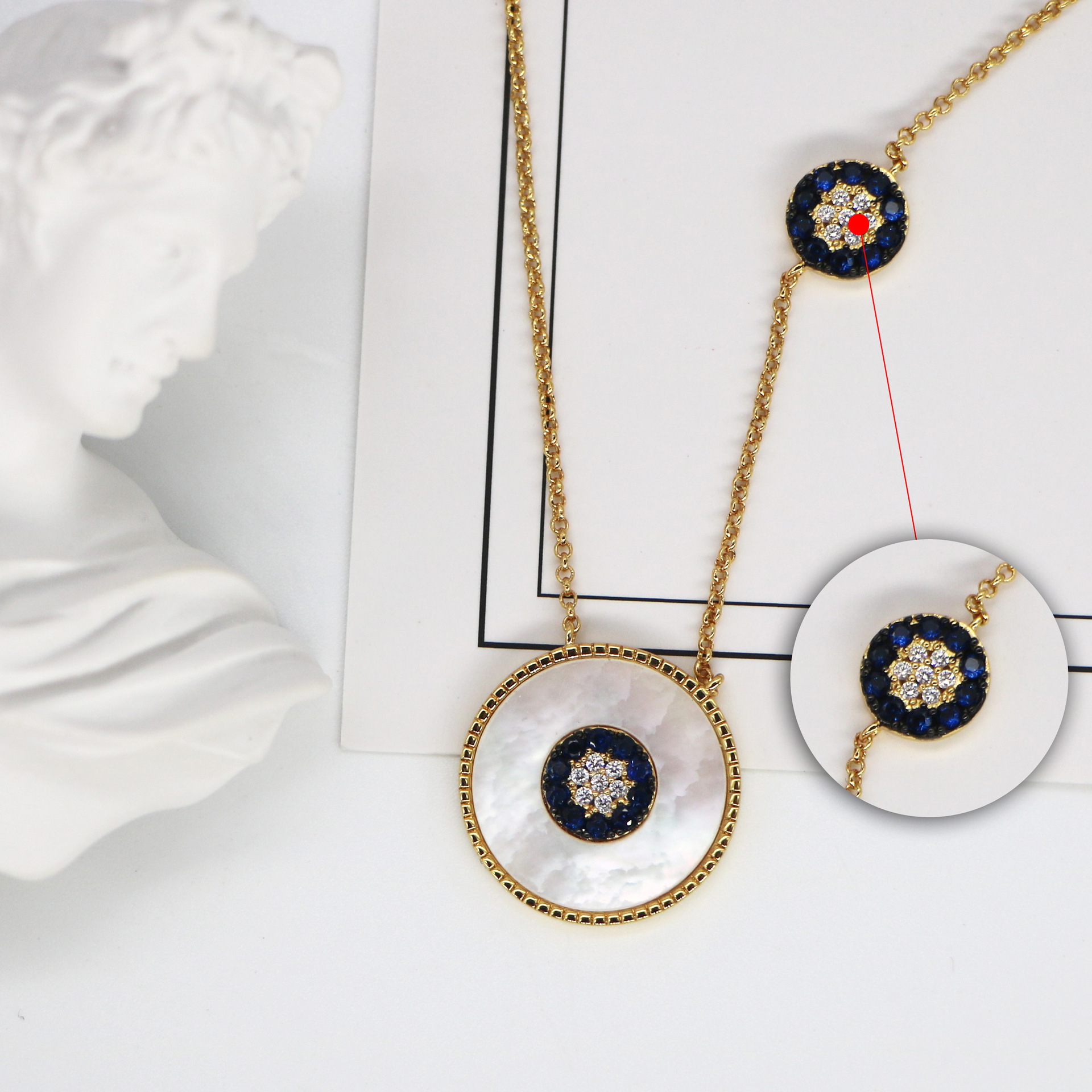 简约时尚蓝色锆石幸运眼项链贝母可调节锁扣项饰一件代发工厂直销