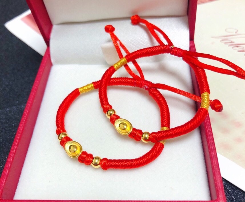 足金999硬金元宝金珠红绳手链黄金999纯度宝宝手绳