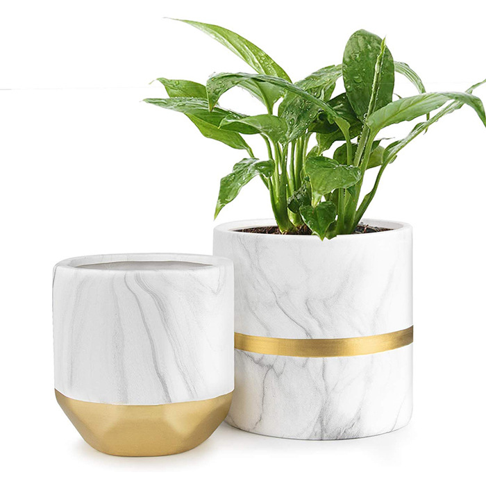 亚马逊爆款大理石设计金色陶瓷花盆定制logo