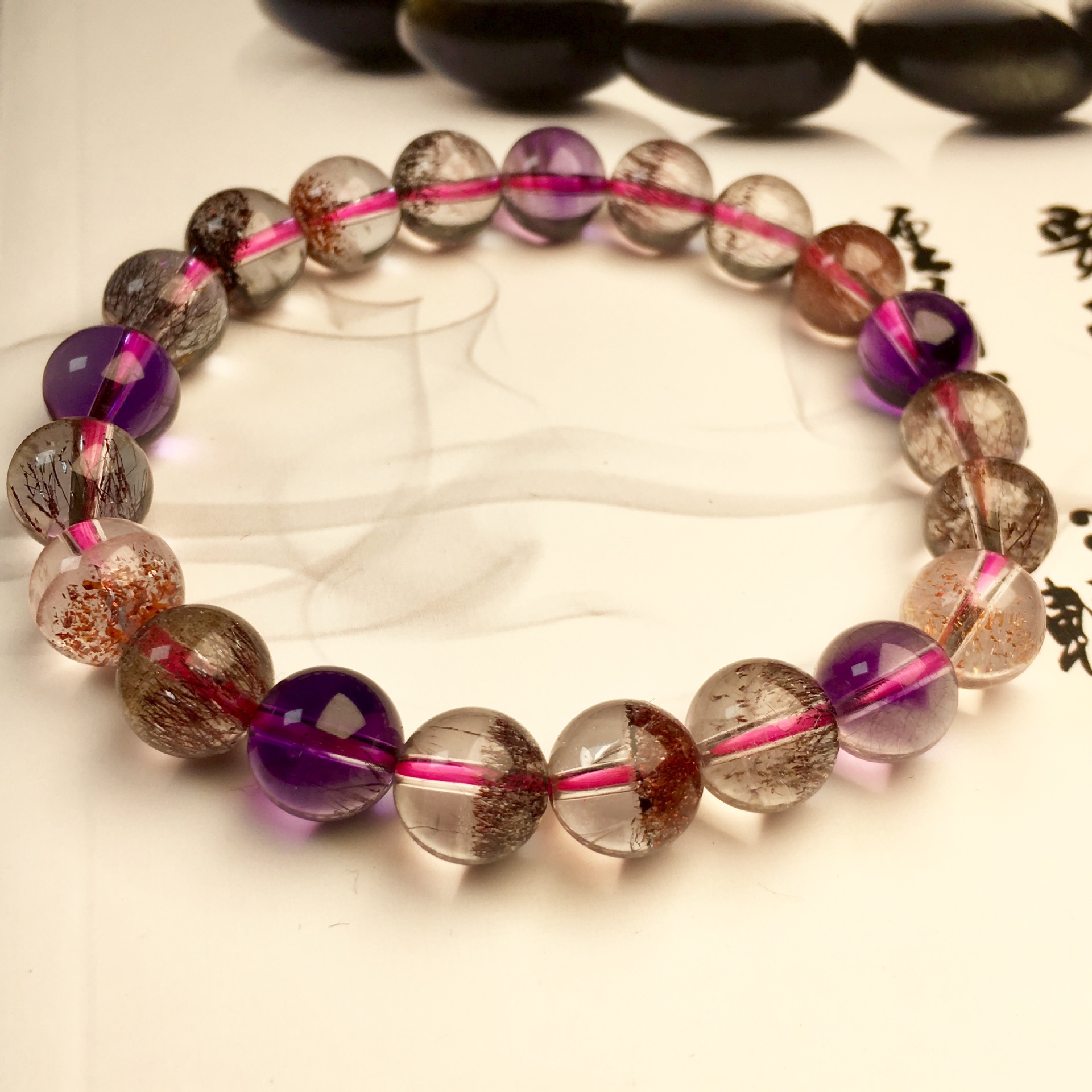 热销天然梦幻超七手链 圆珠手串 diy时尚饰品 紫发晶佛珠 批发