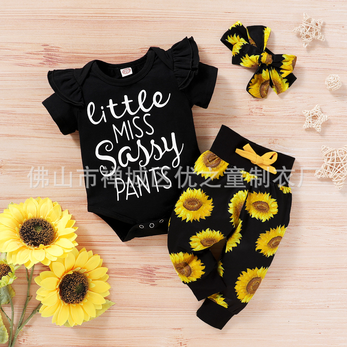 Cross-Border Exclusive for Amazon Aliexpress Hot Sale Baby Romper Three-Piece Sunflower Printing Baby Clothes