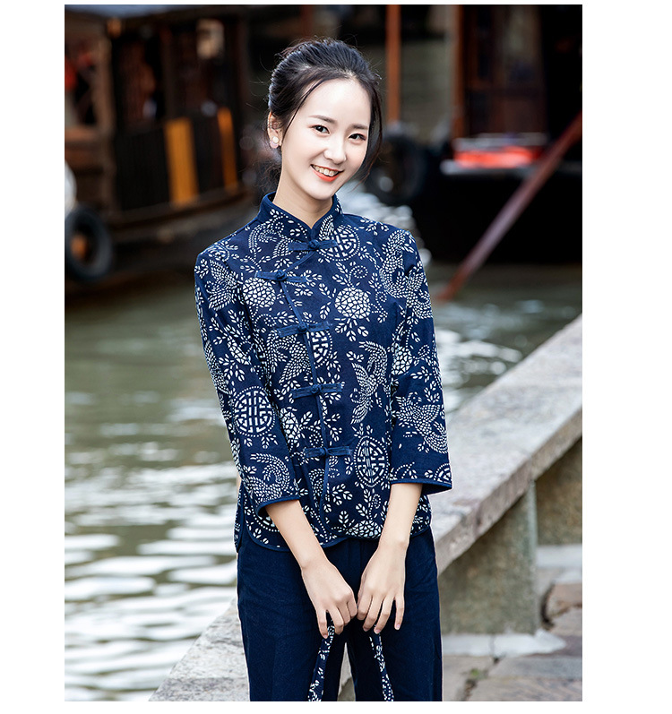乌镇民族风 蓝印花布女装长袖衬衫斜襟中式上衣 演出服餐厅工作服