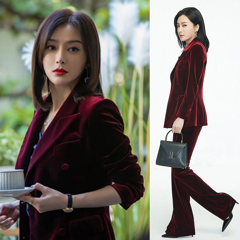 明星秦岚同款酒红色金丝绒西装套装女秋季新款名媛气质职业两件套