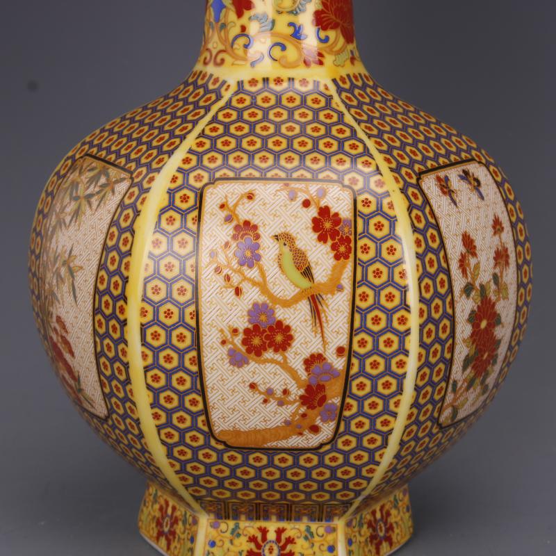 清雍正描金珐琅彩花鸟六方天球瓶仿古工艺瓷器家居中式古玩老摆件