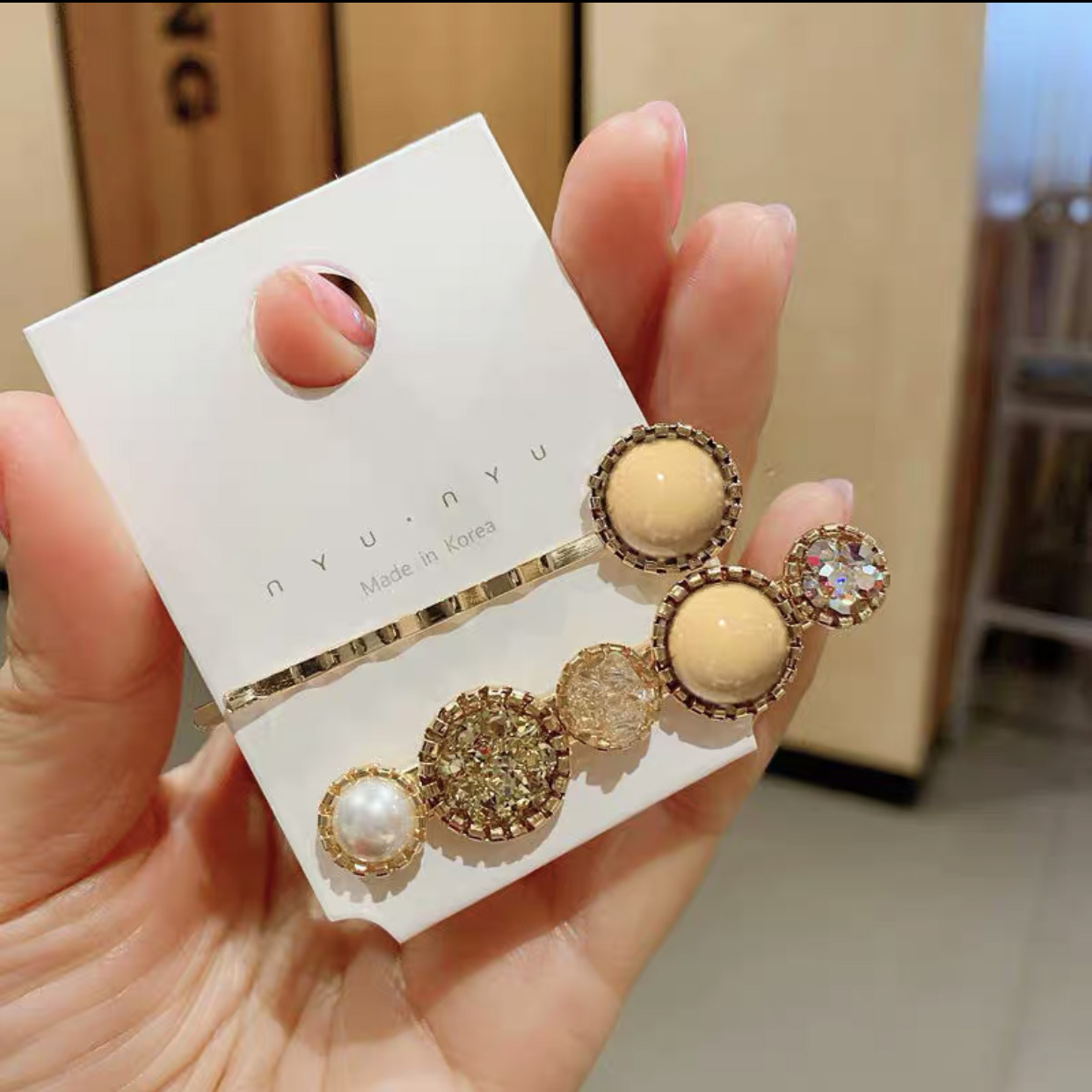 New Korean Style Women's Pearl Rhinestone Crystal Barrettes Set South Korea Dongdaemun Instafamous Metal Straight Clip