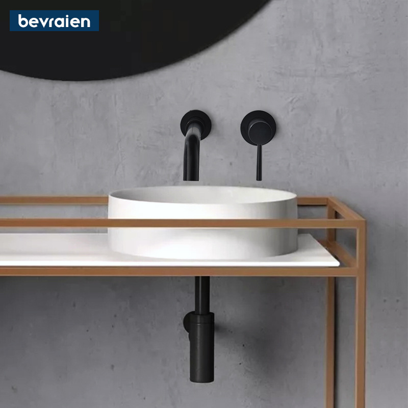 bevraien入墙式黑色下水器套装墙排水管面盆洗手盆防臭防堵地排铜