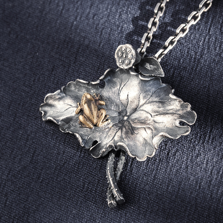 s999银荷叶吊坠女款中国风写意荷塘月色项链古典复古民族风