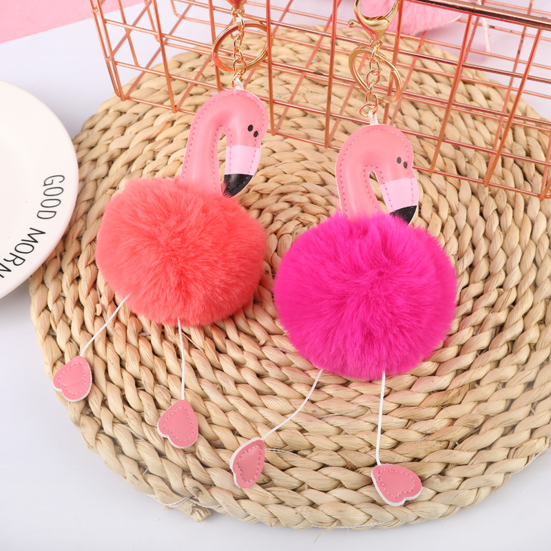 Exclusive for Cross-Border Flamingo Fur Ball Keychain Pendant for Women Fur Bag Ornament Key Ring Foreign Trade