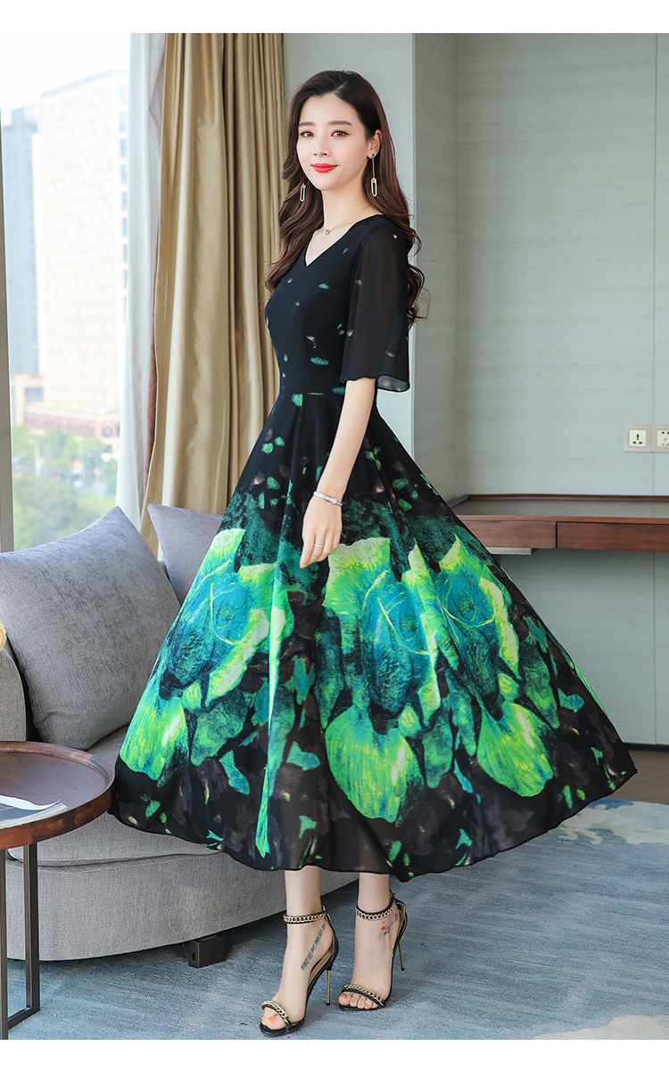 连衣裙2020夏季新款女装优雅时尚裙子气质过膝显瘦中长裙宽松收腰