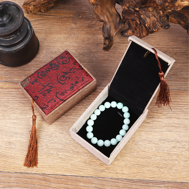 Vintage Linen Tassel Beads Beeswax Walnut Gift Packaging Box Ring Bracelet Pendant Necklace Box Wholesale