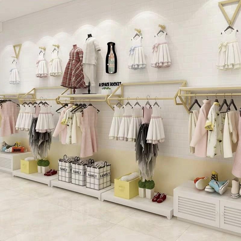 童装店货架展示架上墙落地式组合儿童服装店陈列架金色铁艺挂衣架