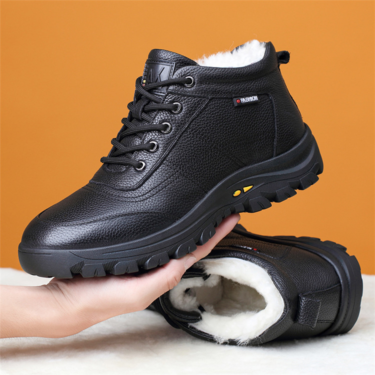 2021 Winter New Men's Fleece-lined Thickened Wool and Cotton Shoes Fur Integrated Warm Leather Shoes Outdoor All-Matching Winter Shoes