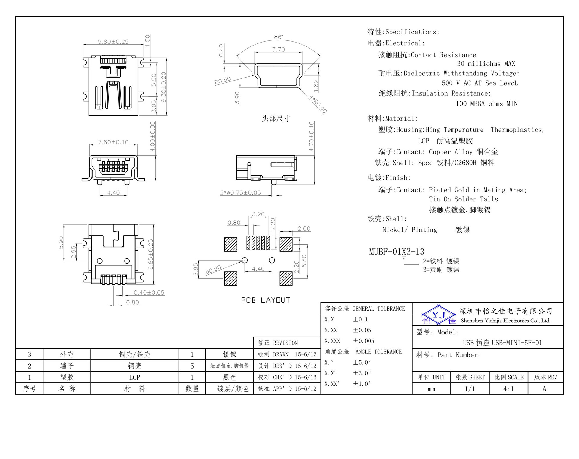 usb母座 连接器 usb-mini-5f-01 卧式贴片 插脚 可贴膜 可卷装