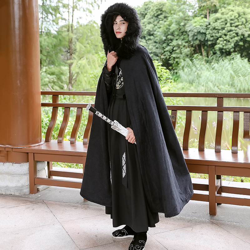原创黑色汉服斗篷男秋冬长款加绒加厚连帽披风毛领中国风仙气古装