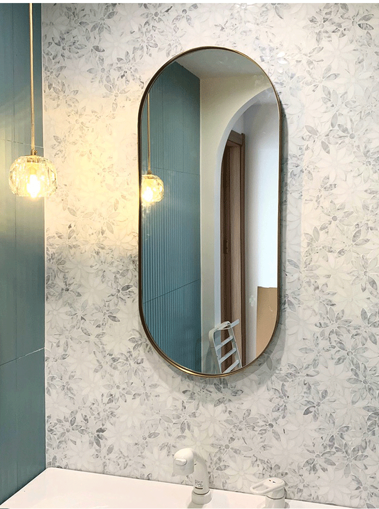 不锈钢椭圆镜玄关穿衣镜北欧浴室镜壁挂电镀黄铜色窄边洗手间镜子