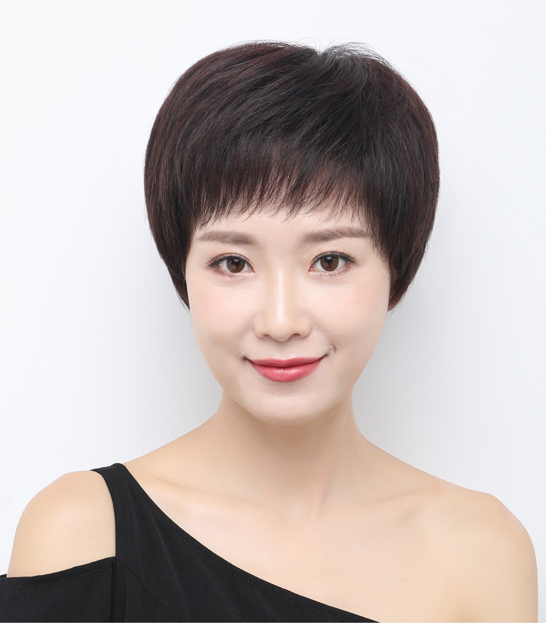 中老年妈妈假发女士头套短直发斜刘海化纤发真发混丝全头不挑脸型