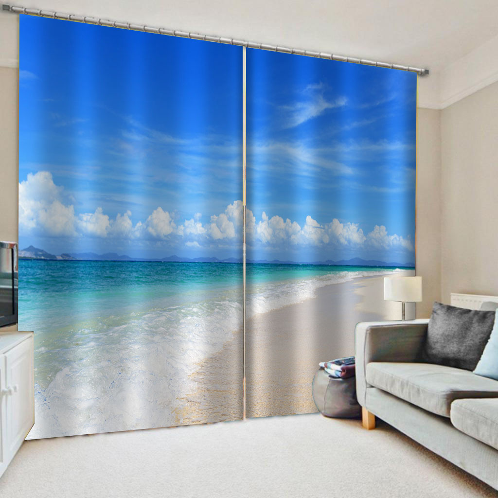 海边小清新风景窗帘客厅卧室涤沦半遮光可定制套杆窗帘成品