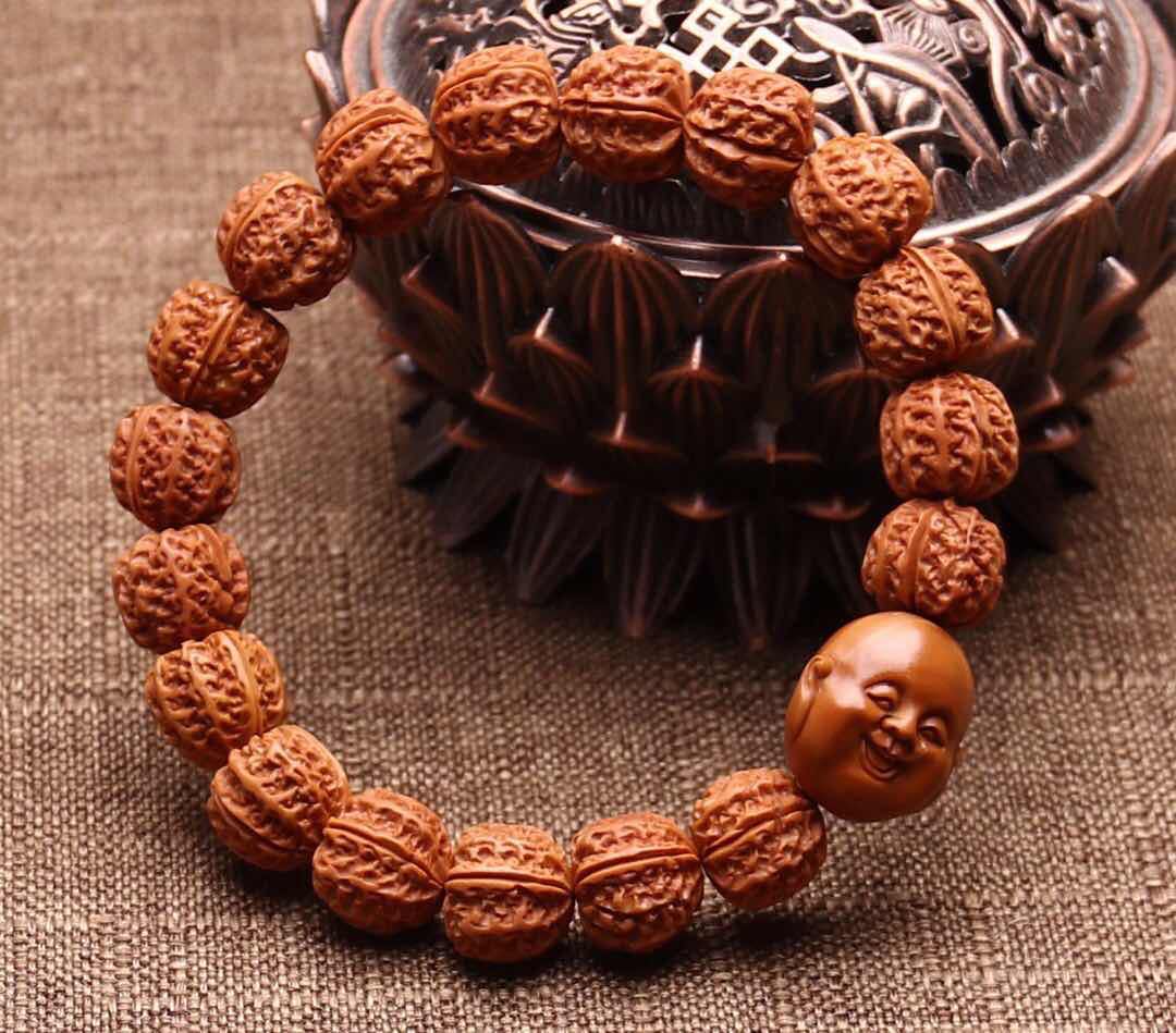 小核桃龙纹京八棱手串龙纹桃核雕刻手串正圆矮桩橘红皮灯笼文玩