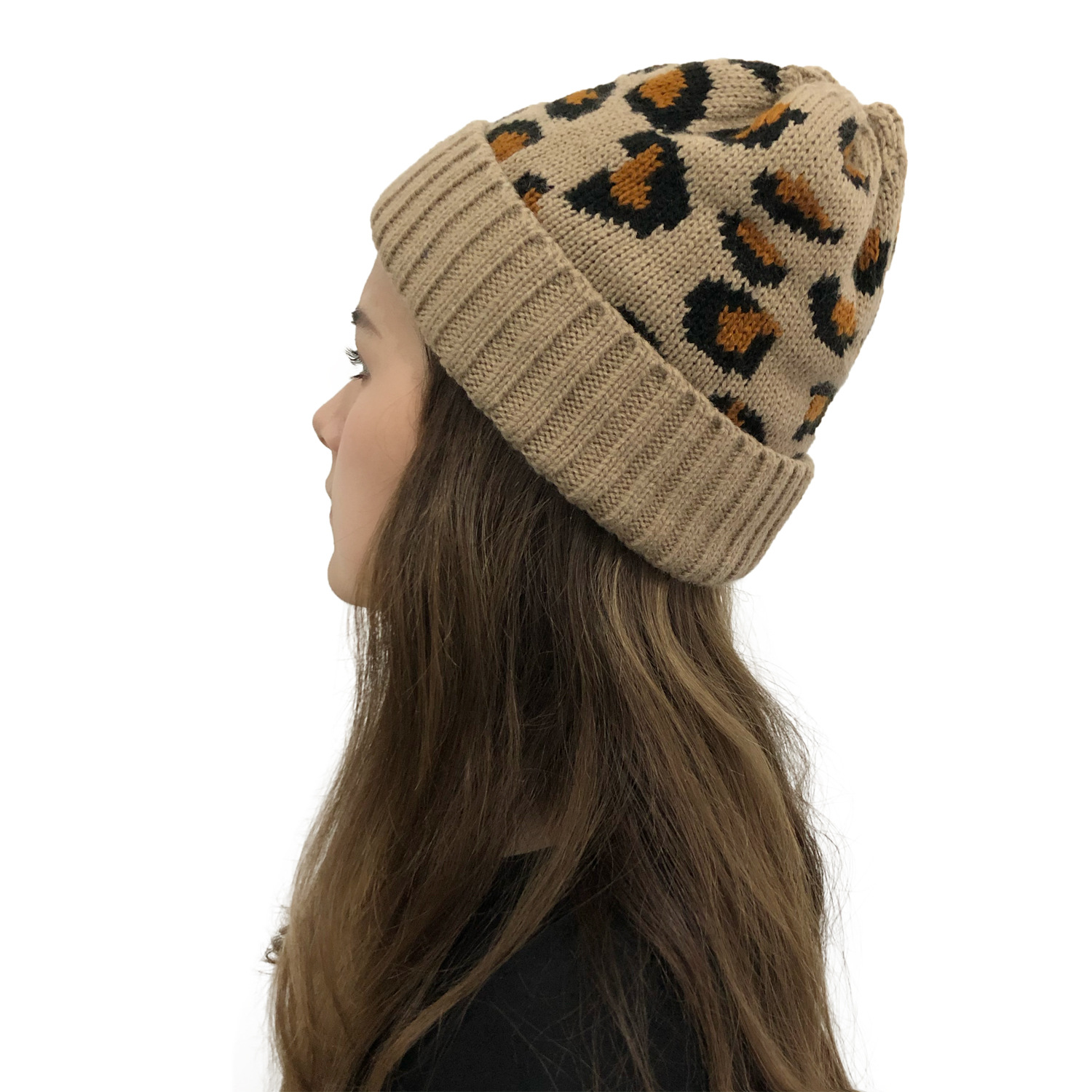 2020秋冬新款帽子女速卖跨境豹纹提花针织帽封顶保暖毛线帽