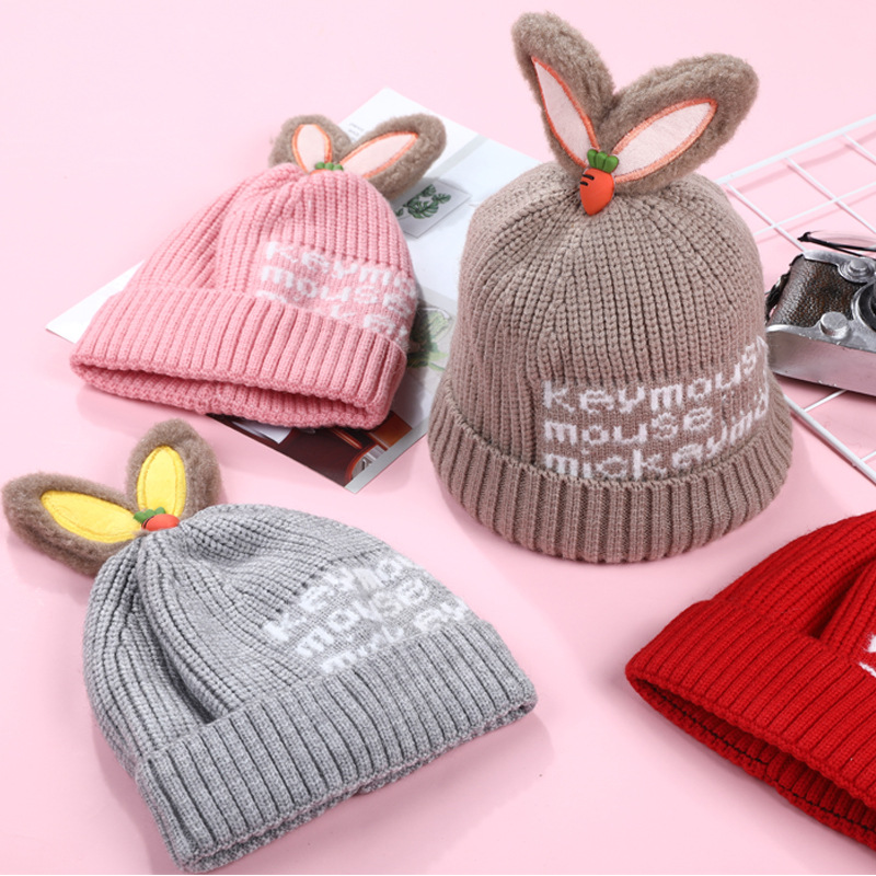 Children's Woolen Cap Autumn and Winter Keep Baby Warm Knitted Hat Cute Rabbit Ears Pullover Hat Outdoor Protection Wind-Proof Hat