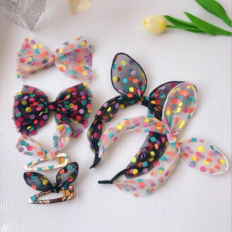 New Transparent Mesh Color Dot Headband Bow Rabbit Ears Exquisite Headband Female European and American Cute Hair Ring