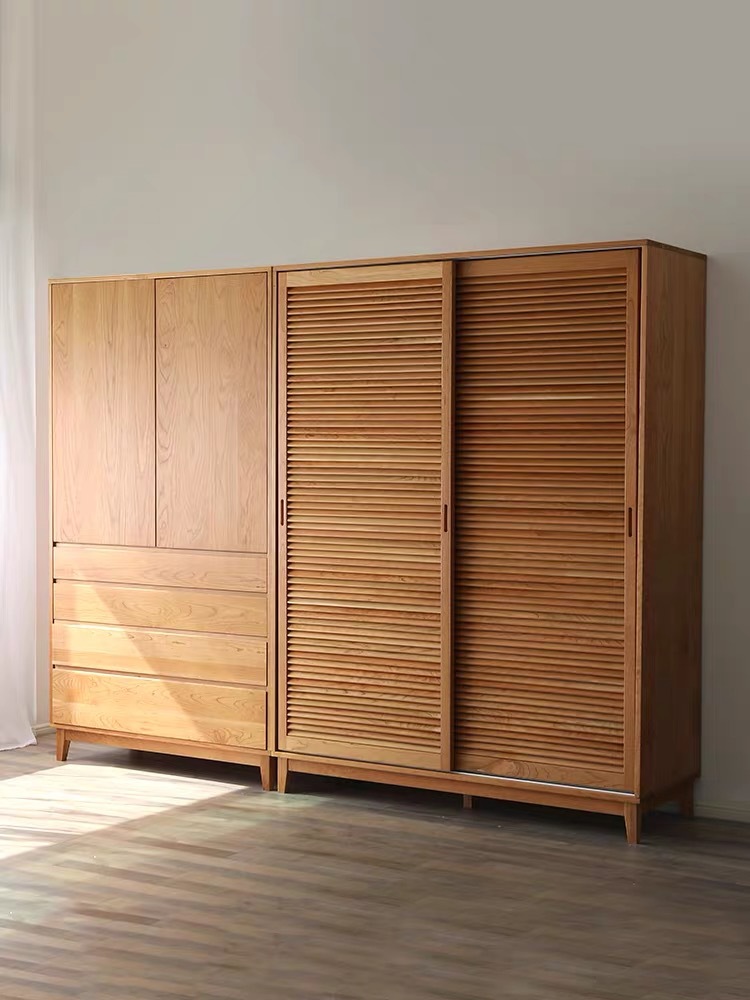 北欧实木樱桃木衣柜简约现代滑动推拉门日式卧室衣橱 家用定制