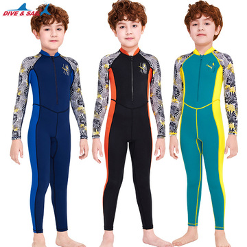 儿童泳衣男孩连体长袖防晒泳装中大童学生游泳训练浮潜冲浪水母衣