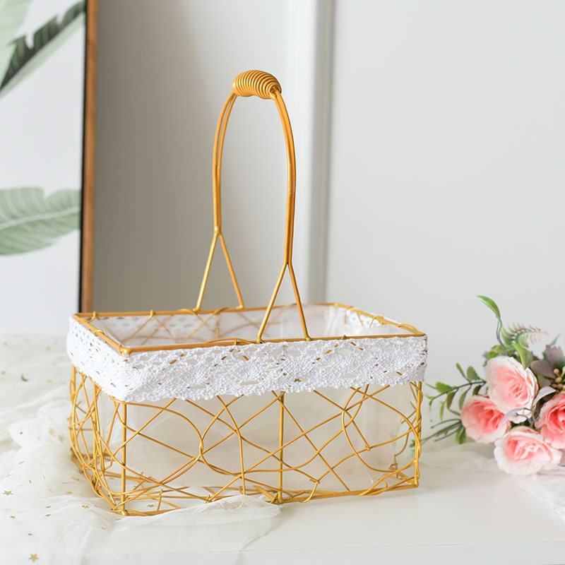 L Large Rectangular Golden Iron Mesh Flower Basket Hand-Carrying Knitting Mixing Hand Gift Fruit Storage Basket Portable Basket Picnic Basket