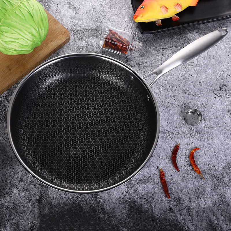 全面屏304蜂窝不锈钢 煎锅不粘锅无涂层 家用牛排煎盘通用平底锅
