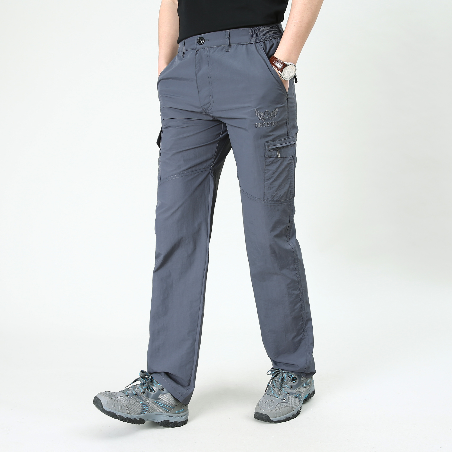 户外裤男薄款大码冲锋裤宽松透气登山野营裤子快干运动长裤