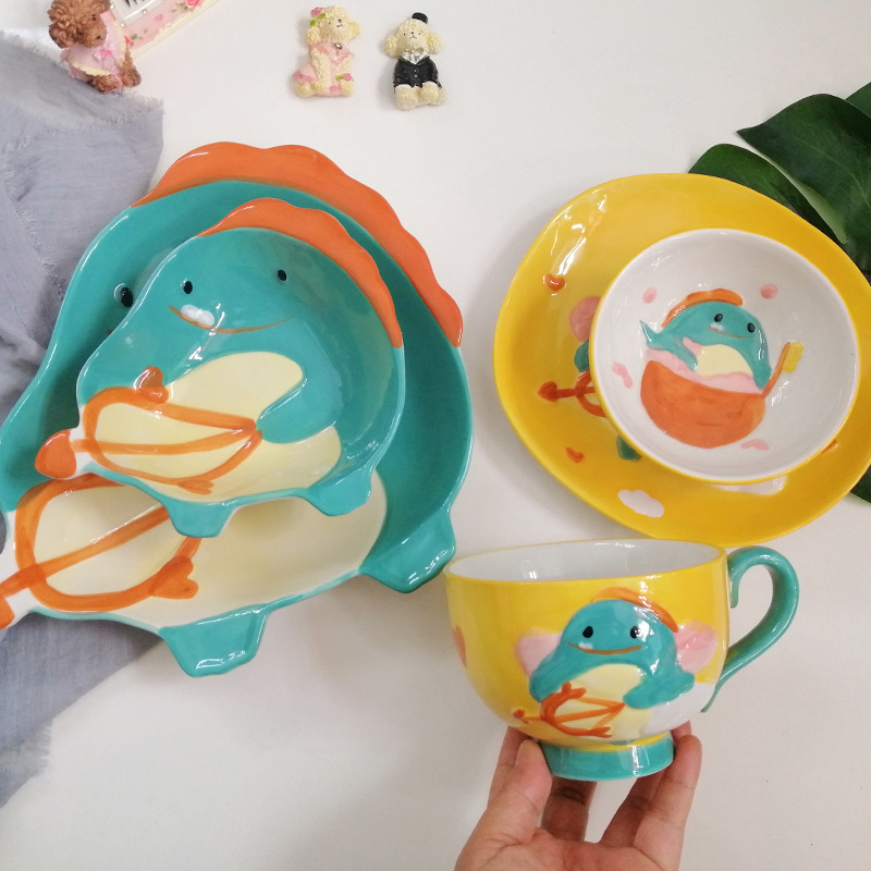 Japanese Cartoon Bitron Cute Bowl Plate Cup Set Household Ceramic Tableware Dinosaur Children's Rice Bowl Plate