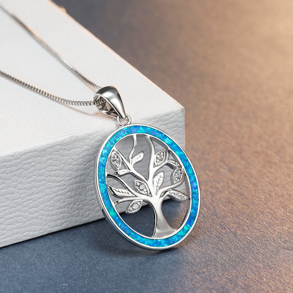 欧美热个性白金生命树蓝澳宝项链创意镂空镶钻女士吊坠项链批发