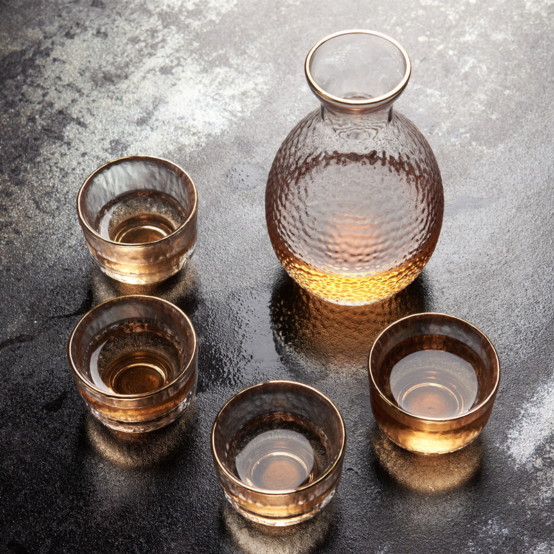 杰成日式清酒壶家用描金锤纹耐热玻璃分酒器酒杯温酒器酒具套装