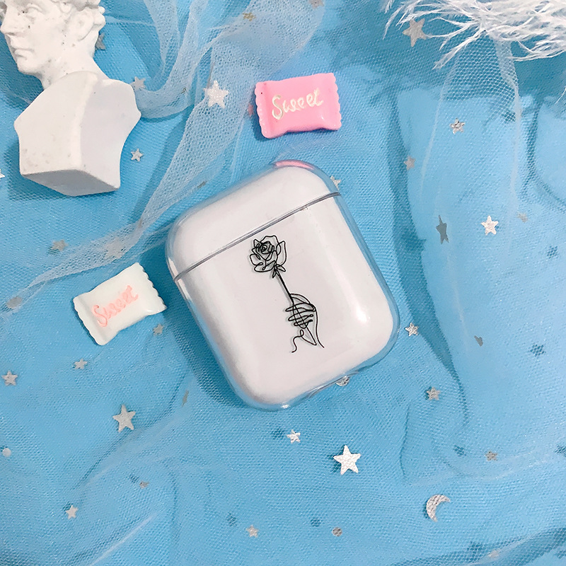 线条彩绘手握玫瑰图案耳机壳适用苹果蓝牙耳机airpods2保护套定制