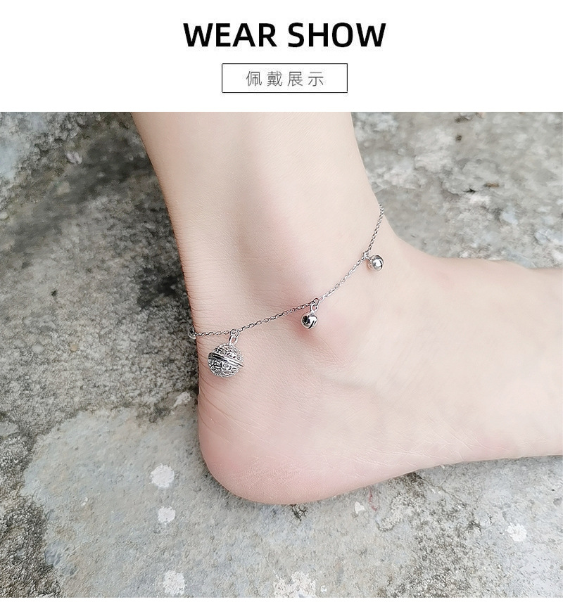 s925纯银铃铛脚链女网红宫铃转运珠圆球脚饰品简约生日礼物送女友