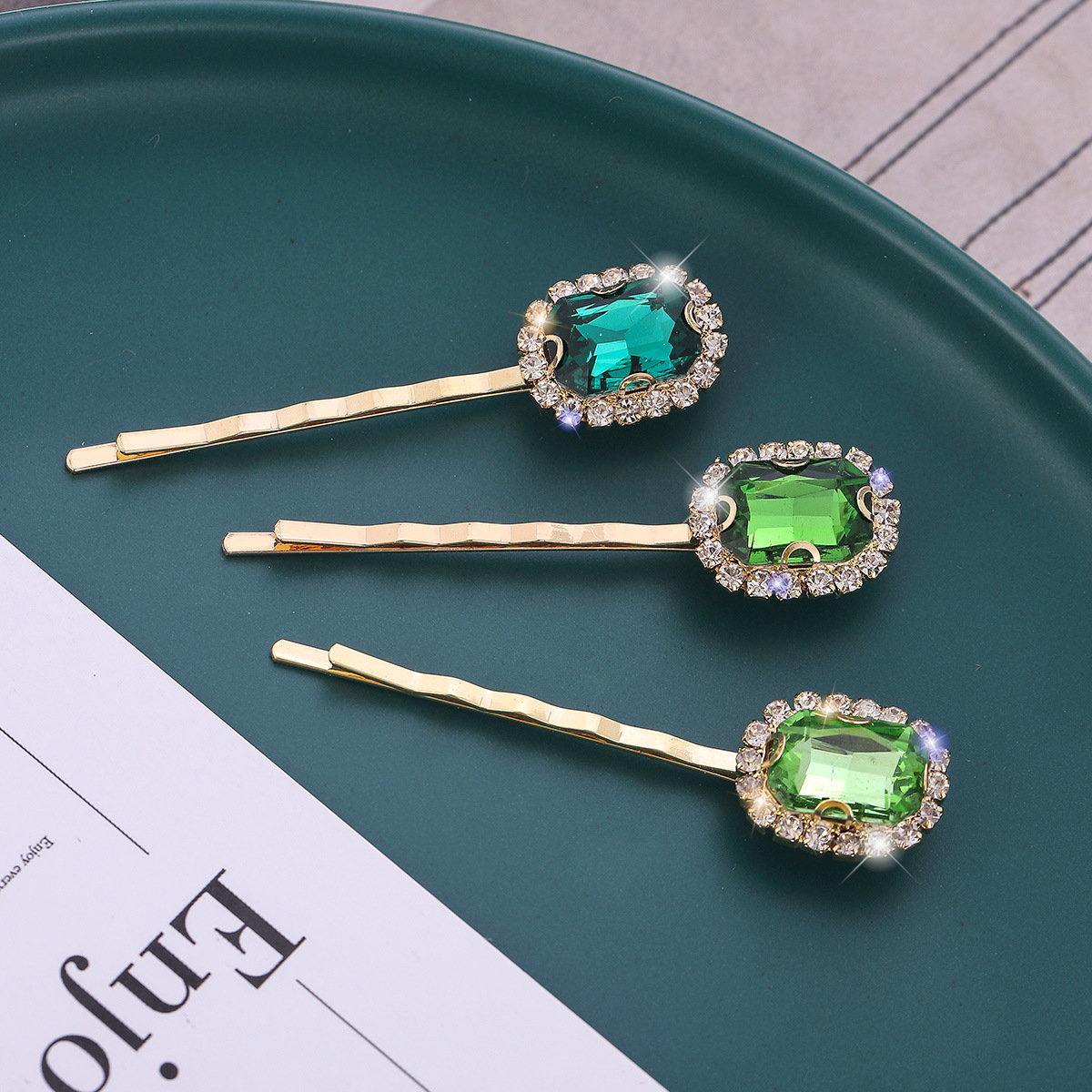 韩版复古绿色系水晶发夹轻奢水钻一字夹 网红简约刘海边夹头饰