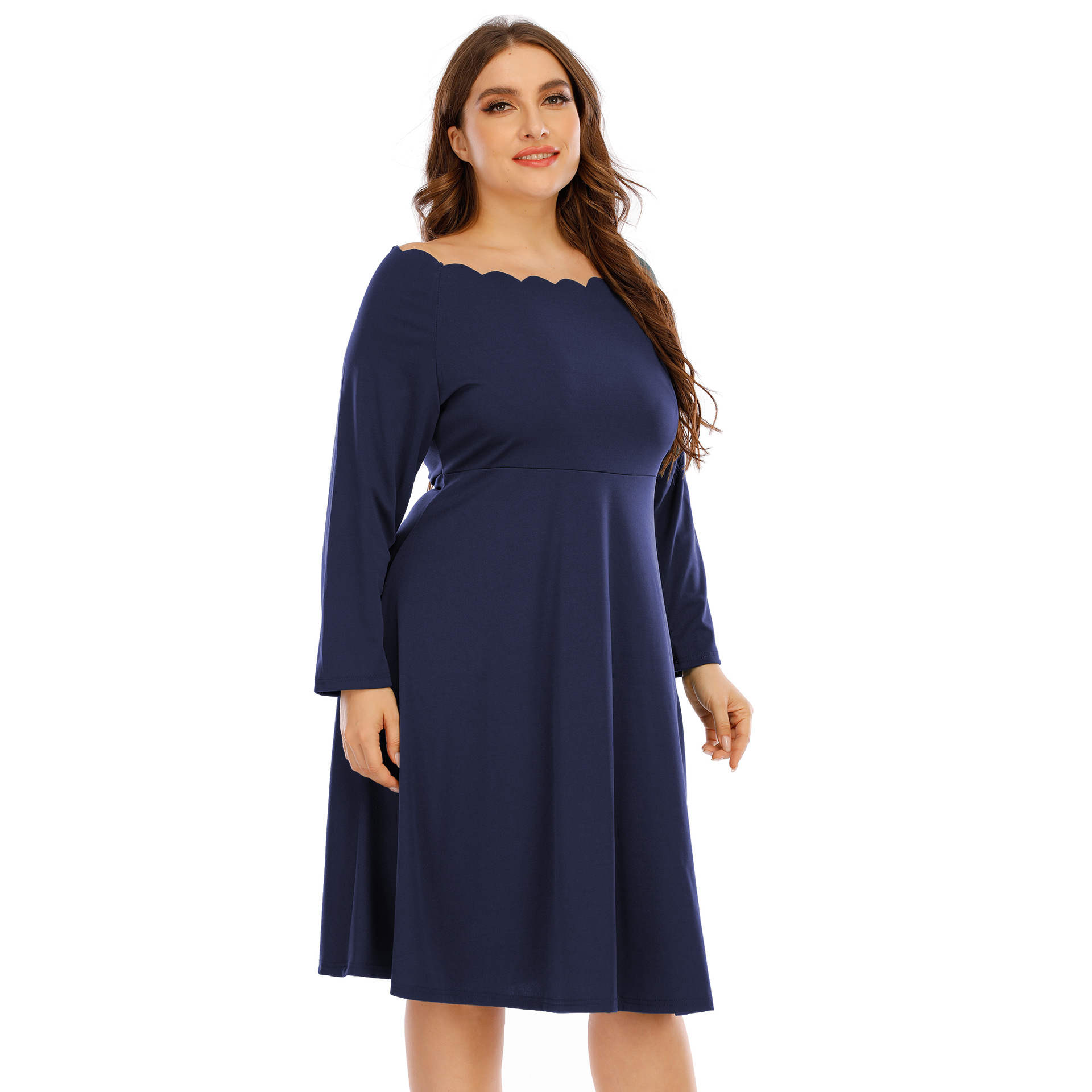 欧美大码女装一字领性感波流边时尚简约大摆肥婆连衣裙190735