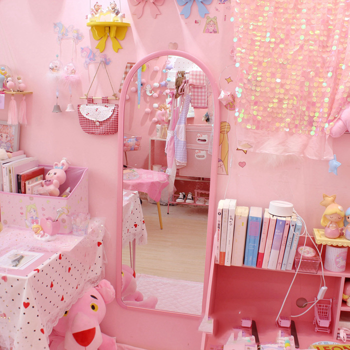 镜子全身 落地镜少女心 ins 可爱风网红少女生卧室公主粉色穿衣镜