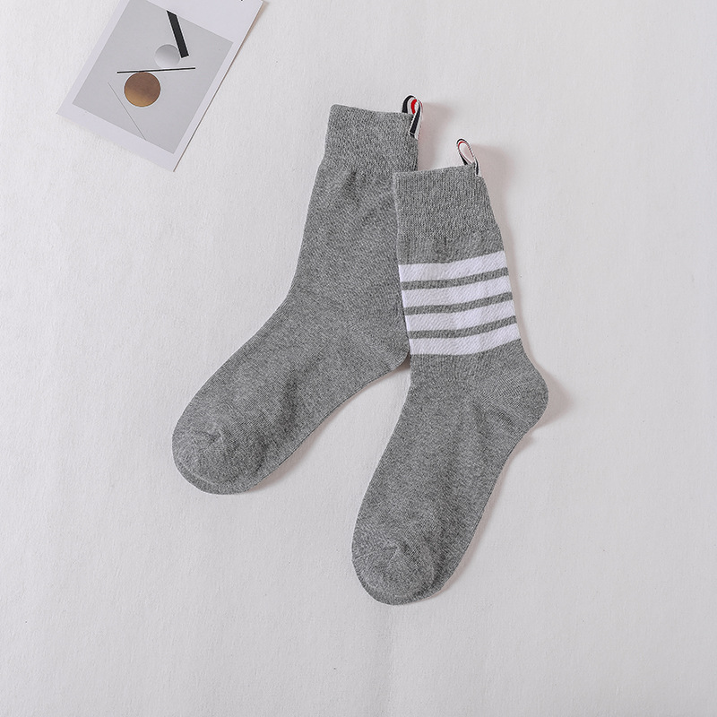 tb袜子女 潮网红款灰色四杠条纹jk中筒袜日系韩版学院风ab堆堆袜