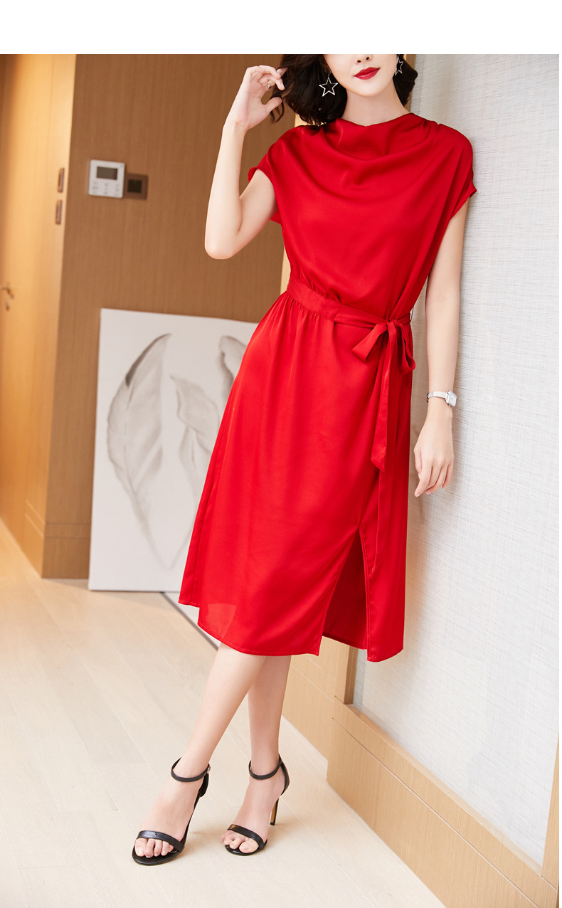 重磅红色真丝连衣裙女2020夏季新款单层缎面桑蚕丝收腰显瘦长裙子