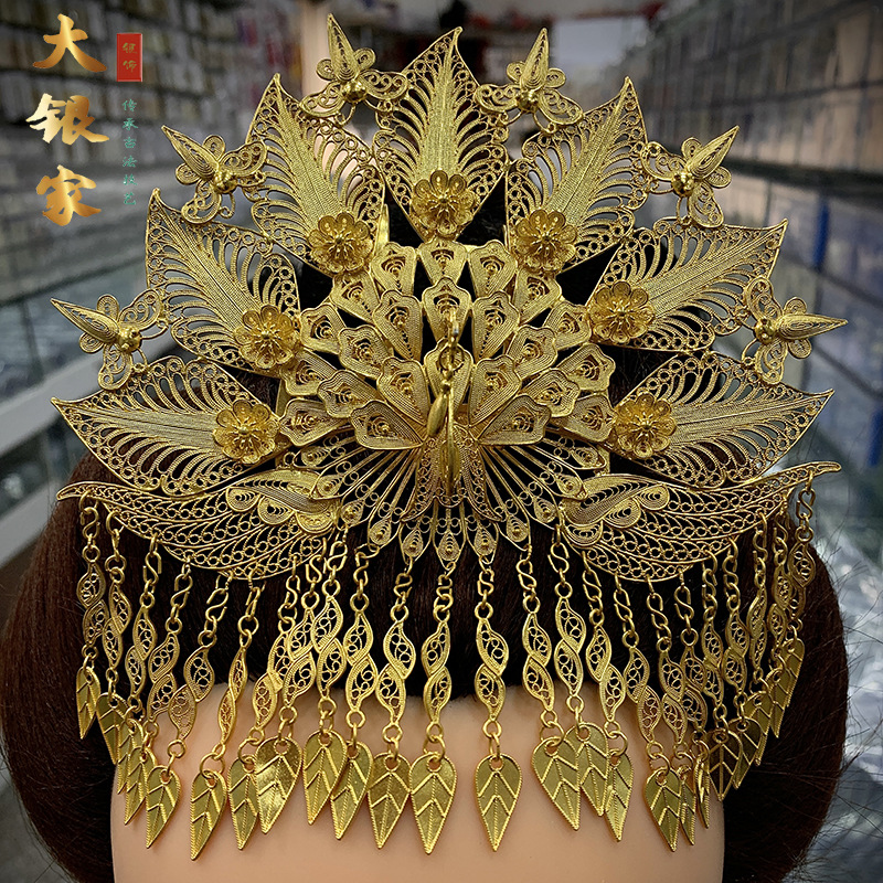 生产定制花丝镶嵌发冠足银镀金凤冠秀禾汉服新娘婚礼古装头发饰