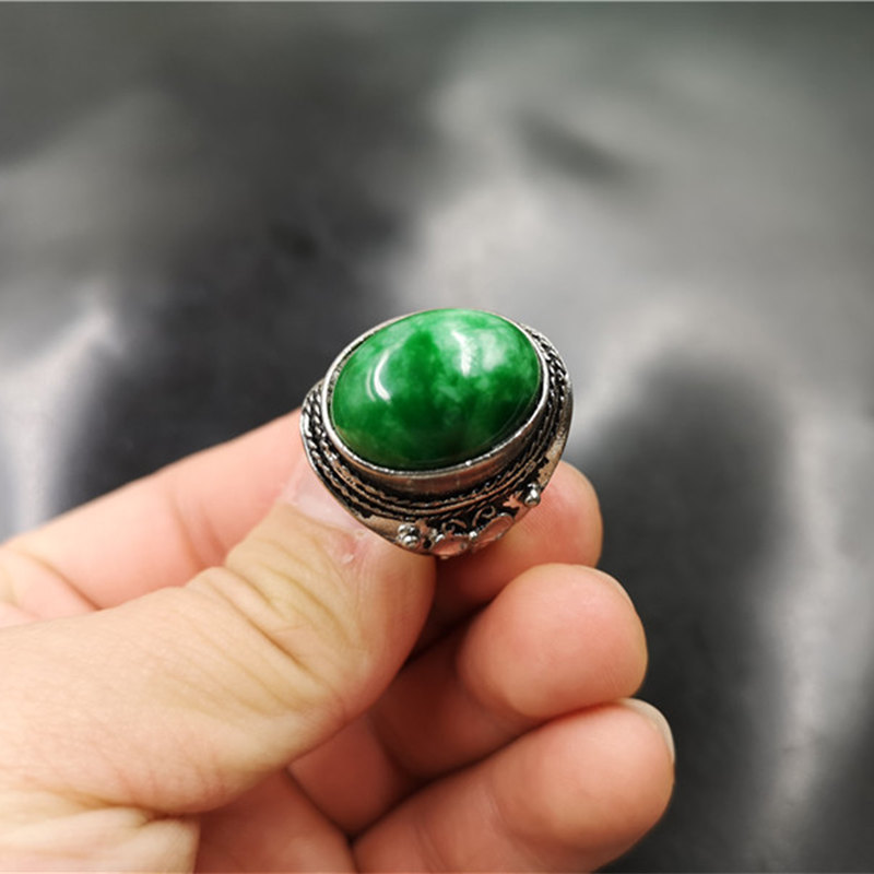 玛瑙巷藏银镶嵌干青铁龙生翠玉戒指男款可伸缩活扣干青玉戒指