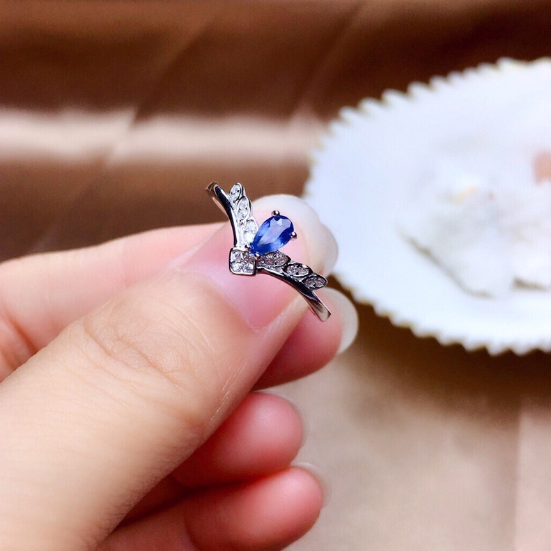 新品气质仿真深蓝色尖晶石水滴形彩宝开口戒指女 皇冠指环手饰品