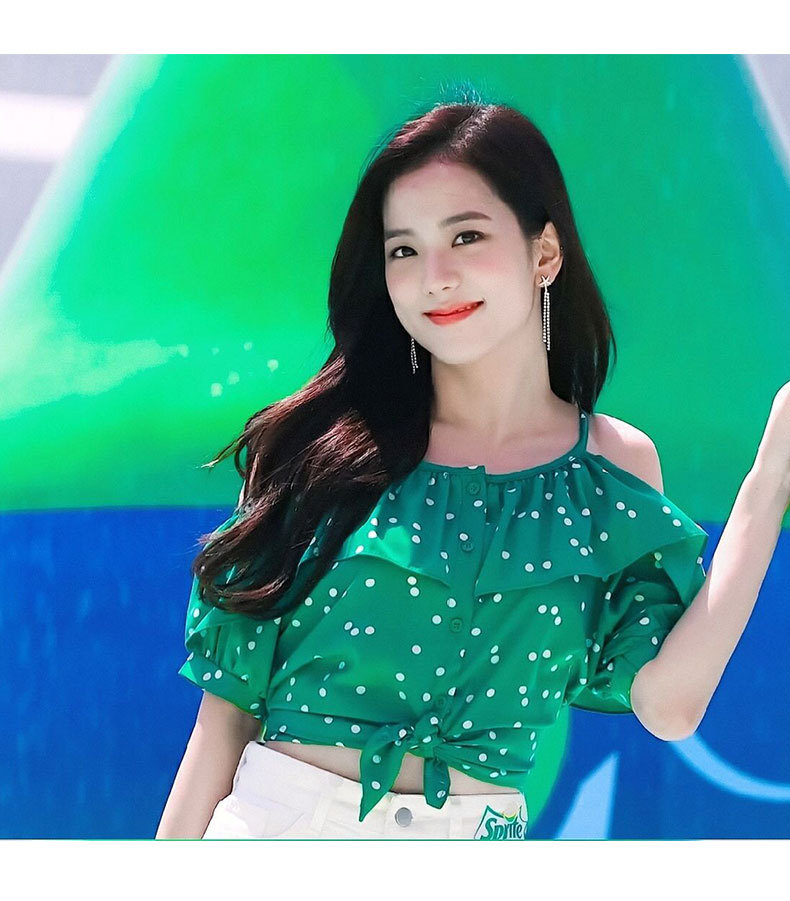 jisoo金智秀同款绿色吊带上衣小众设计露肩圆点雪纺衬2020夏季女