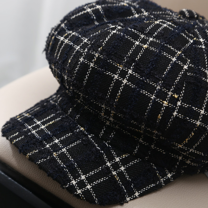 新款贝雷帽女百搭格子帽子女秋冬鸭舌帽韩版ins蕾丝格子八角帽