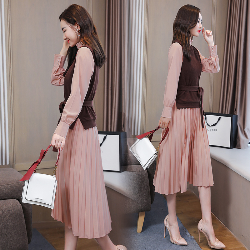 复古衬衫裙子两件套装女气质休闲高腰连衣裙2021春装新款套装套裙帅气