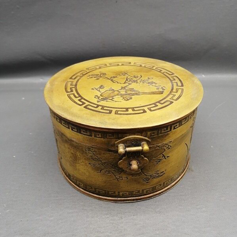 古玩收藏纯铜盒子喜鹊登梅首饰盒摆件仿古黄铜带锁盒子家居工艺品