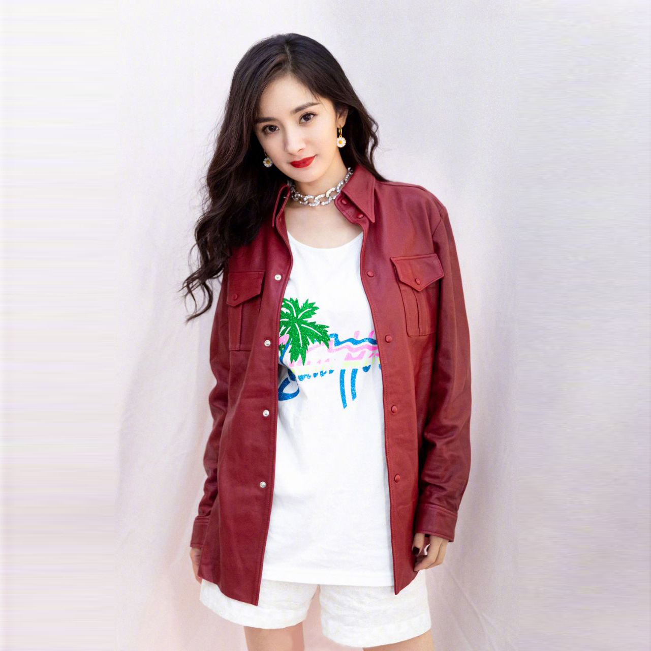 杨幂同款酒红色皮衣外套女机车夹克风衣女潮2020秋季新款 h07115