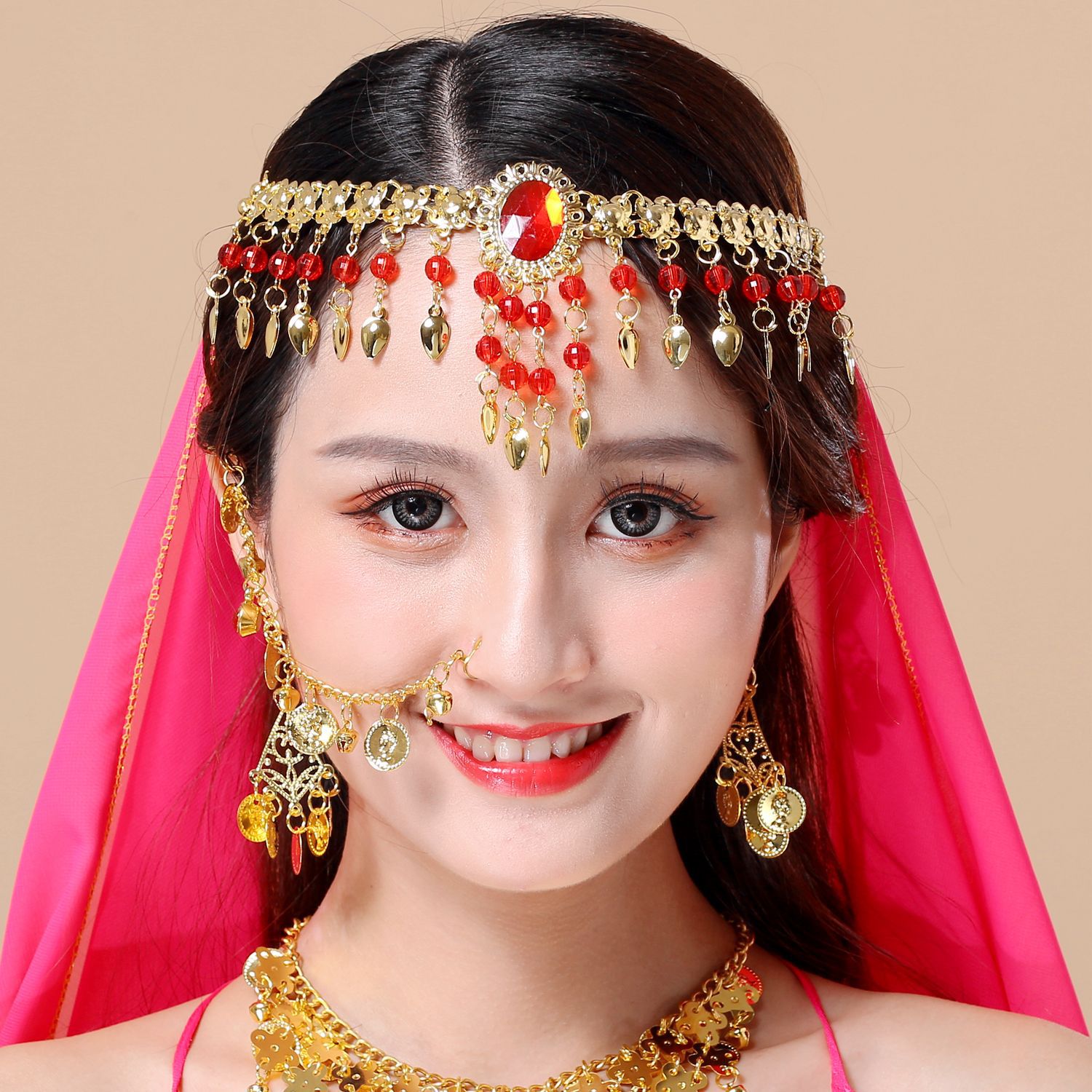 民族肚皮舞头饰项链两用批发印度舞演出配饰头饰宝石红珠头链饰品