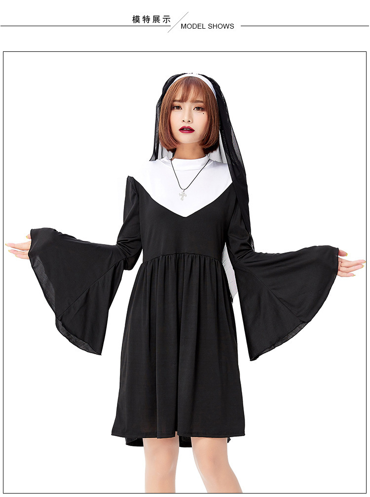 万圣节修女服 2020新款成人唱诗班黑色修女裙cosplay派对服游戏服